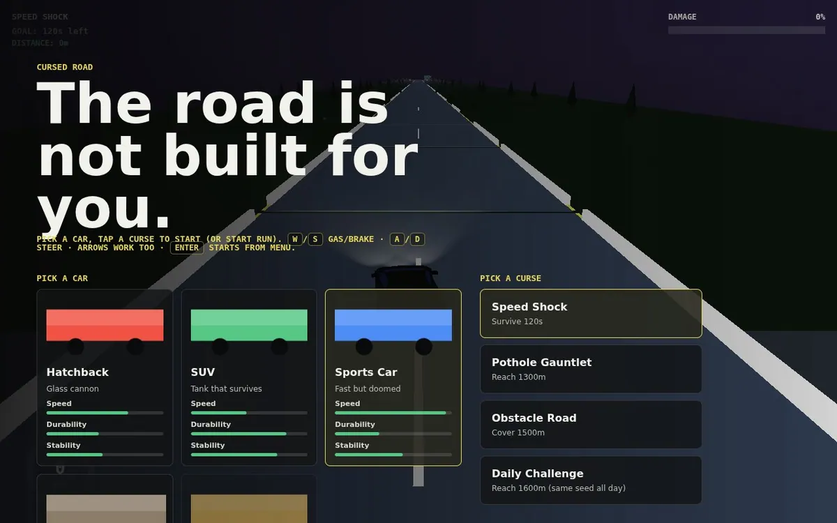Cursed Road — screenshot of the AI-made game