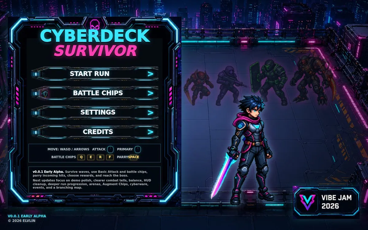CyberDeck Survivor — screenshot of the AI-made game