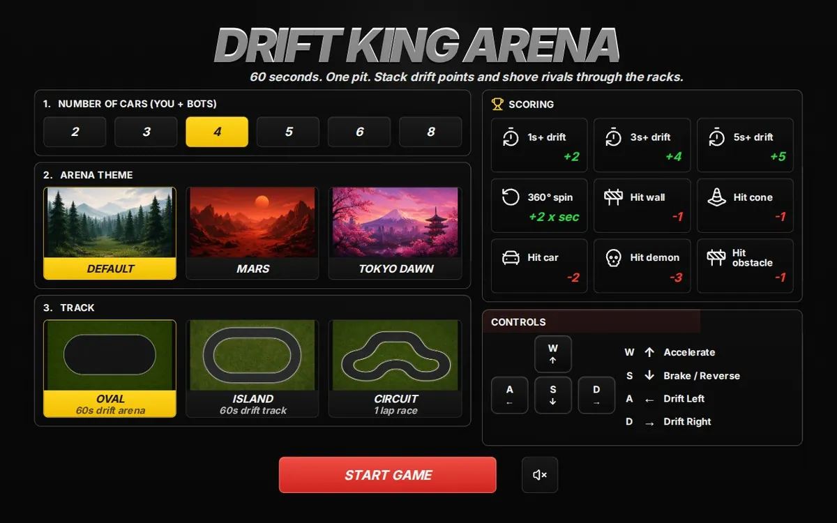 Drift King Arena — screenshot of the AI-made game