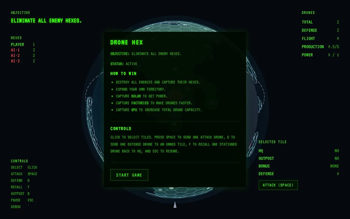 Drone Hex — screenshot of the AI-made game