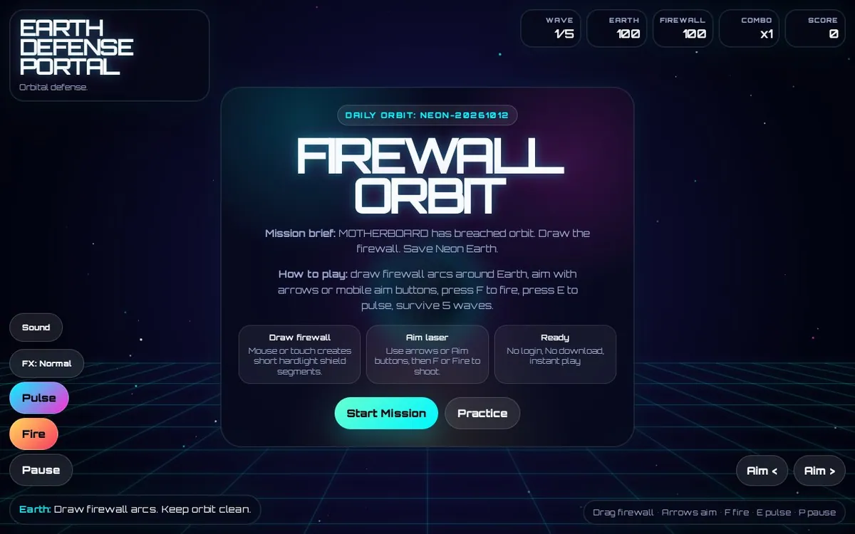 Firewall Orbit — screenshot of the AI-made game