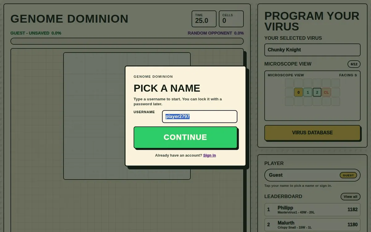 Genome Dominion — screenshot of the AI-made game