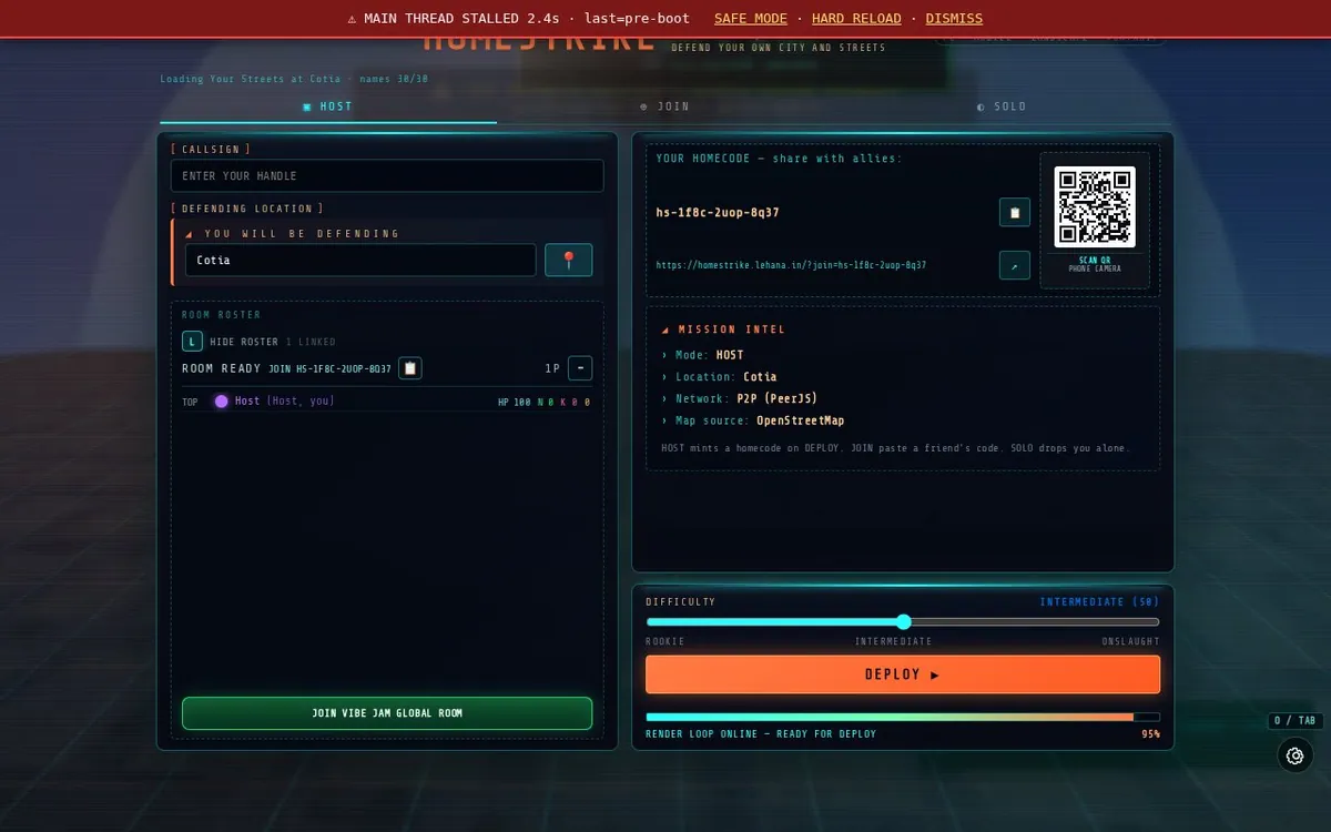 Homestrike — screenshot of the AI-made game