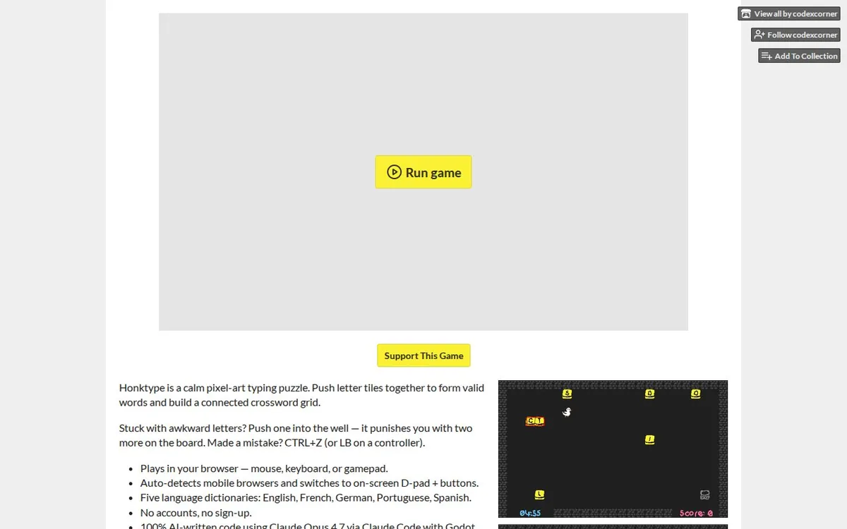 Honktype — screenshot of the AI-made game
