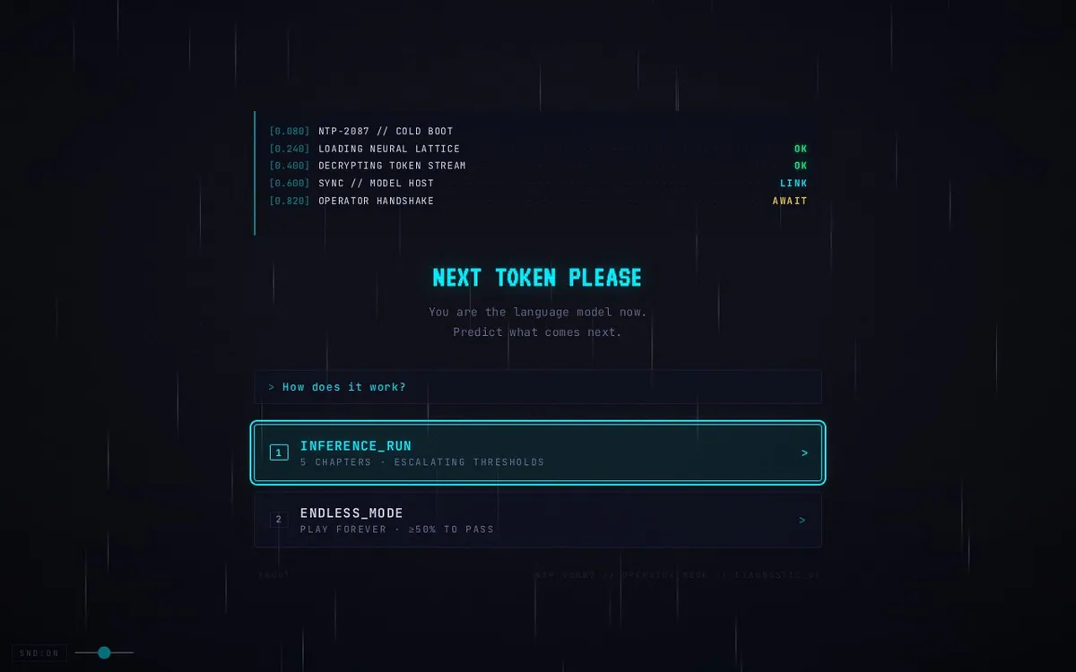 Next Token Please — screenshot of the AI-made game