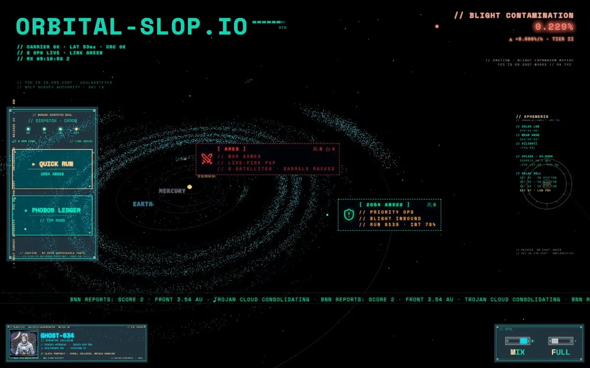 ORBITAL-SLOP.io — screenshot of the AI-made game