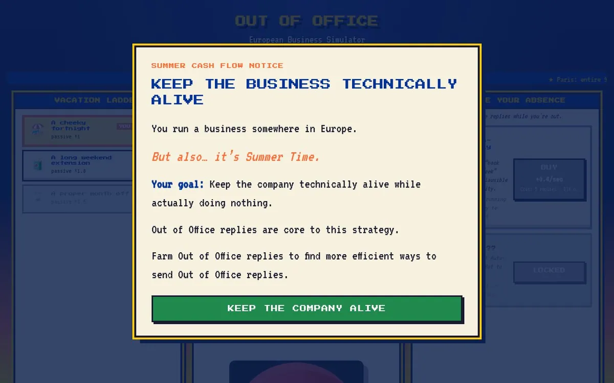 OUT OF OFFICE: European Business Simulator — screenshot of the AI-made game