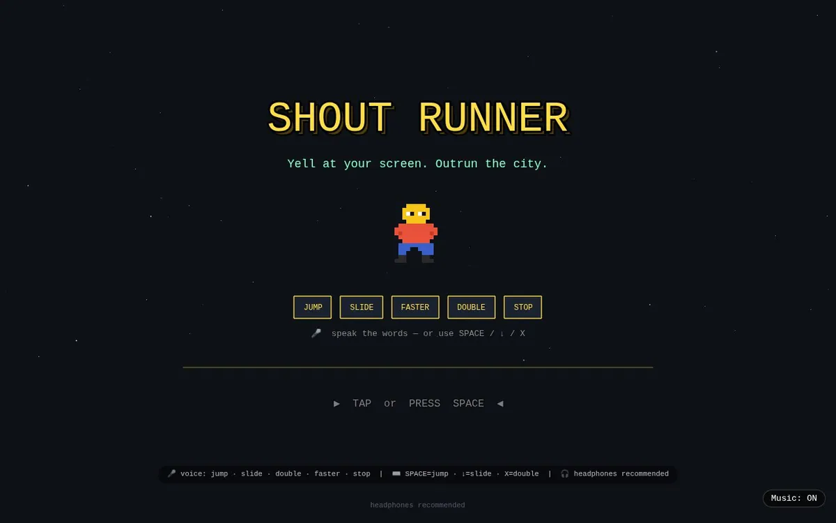 Shout Runner — screenshot of the AI-made game