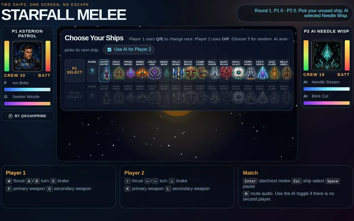 Starfall Melee — screenshot of the AI-made game