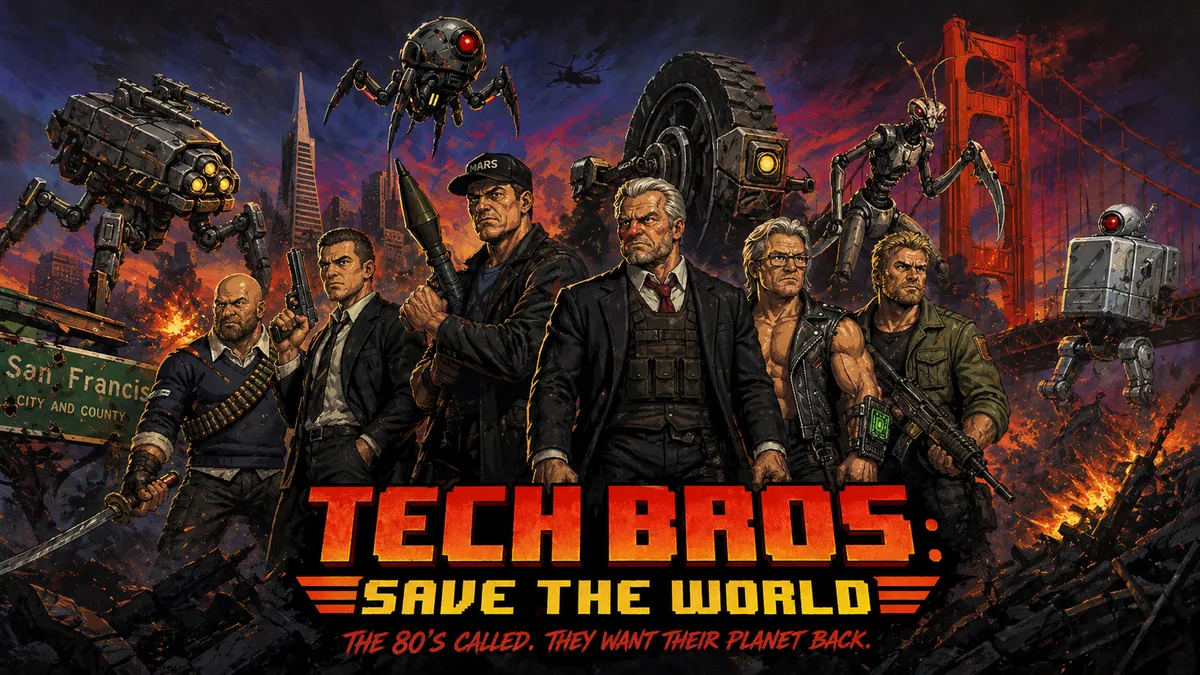 Tech Bros: Save the World — screenshot of the AI-made game