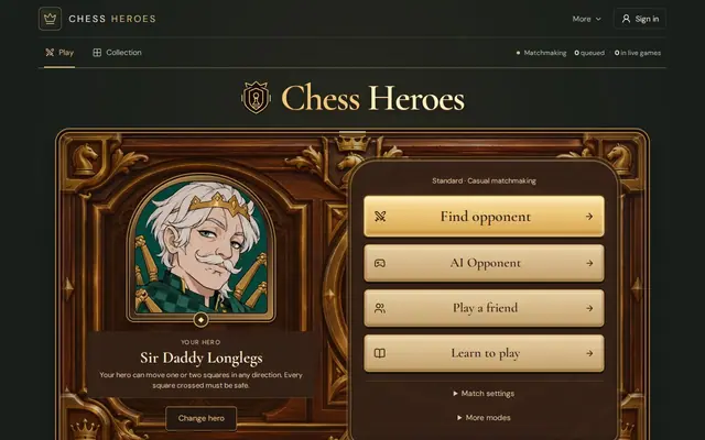Chess Heroes — captura de tela do jogo feito com IA