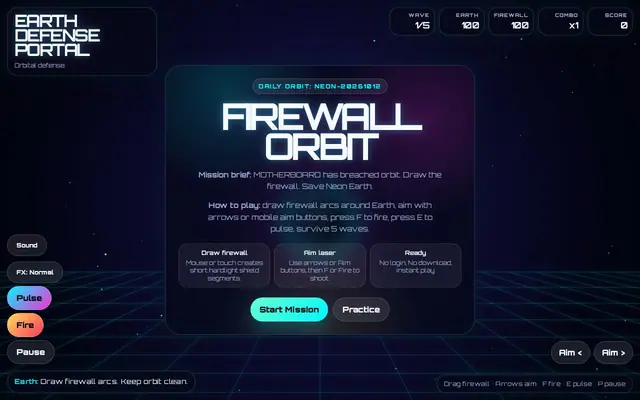 Firewall Orbit — captura del juego hecho con IA