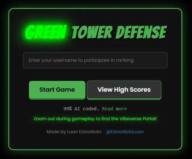 GREEN Tower Defense — captura de tela do jogo feito com IA