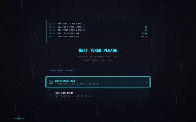 Next Token Please — captura del juego hecho con IA