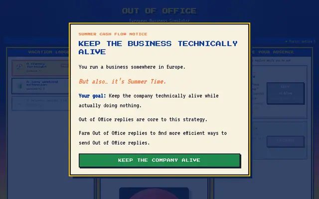 OUT OF OFFICE: European Business Simulator — captura del juego hecho con IA