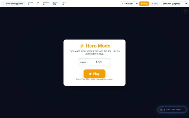 TypeIt Hero — captura del juego hecho con IA