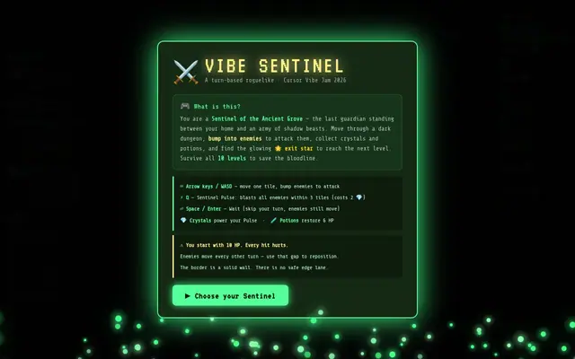 Vibe Sentinel — captura de tela do jogo feito com IA